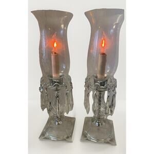 VTG Crystal Boudoir Hurricane Lamps Grapevine Etched Globes Hollywood Regency